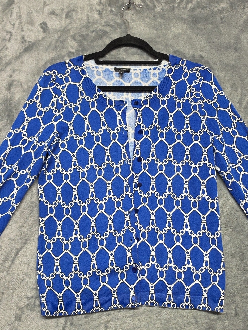 Talbots Blue Chain-Print Crewneck Cardigan